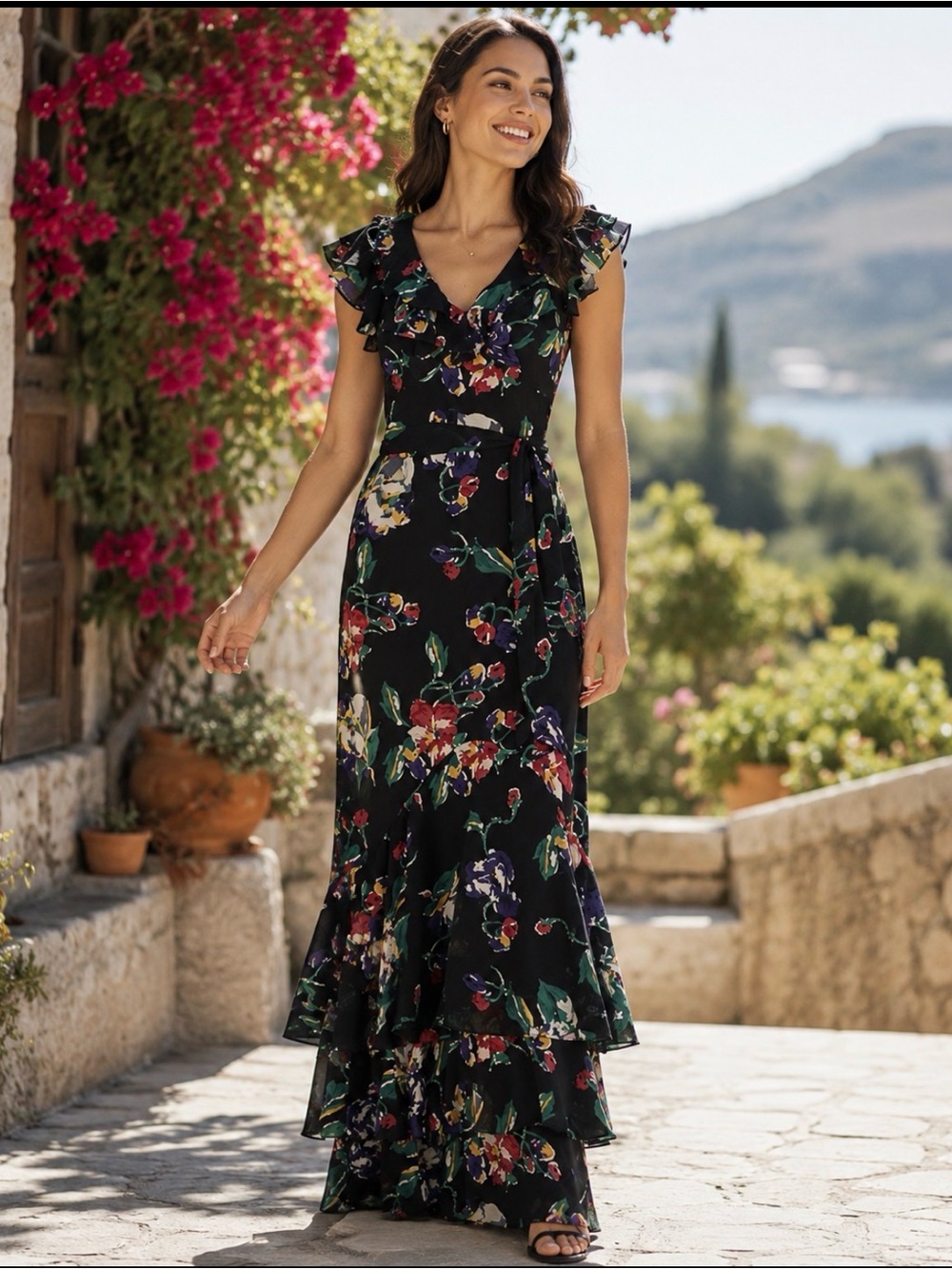 Lauren Ralph Lauren Black Floral Ruffle-Trim Georgette Gown Size 6